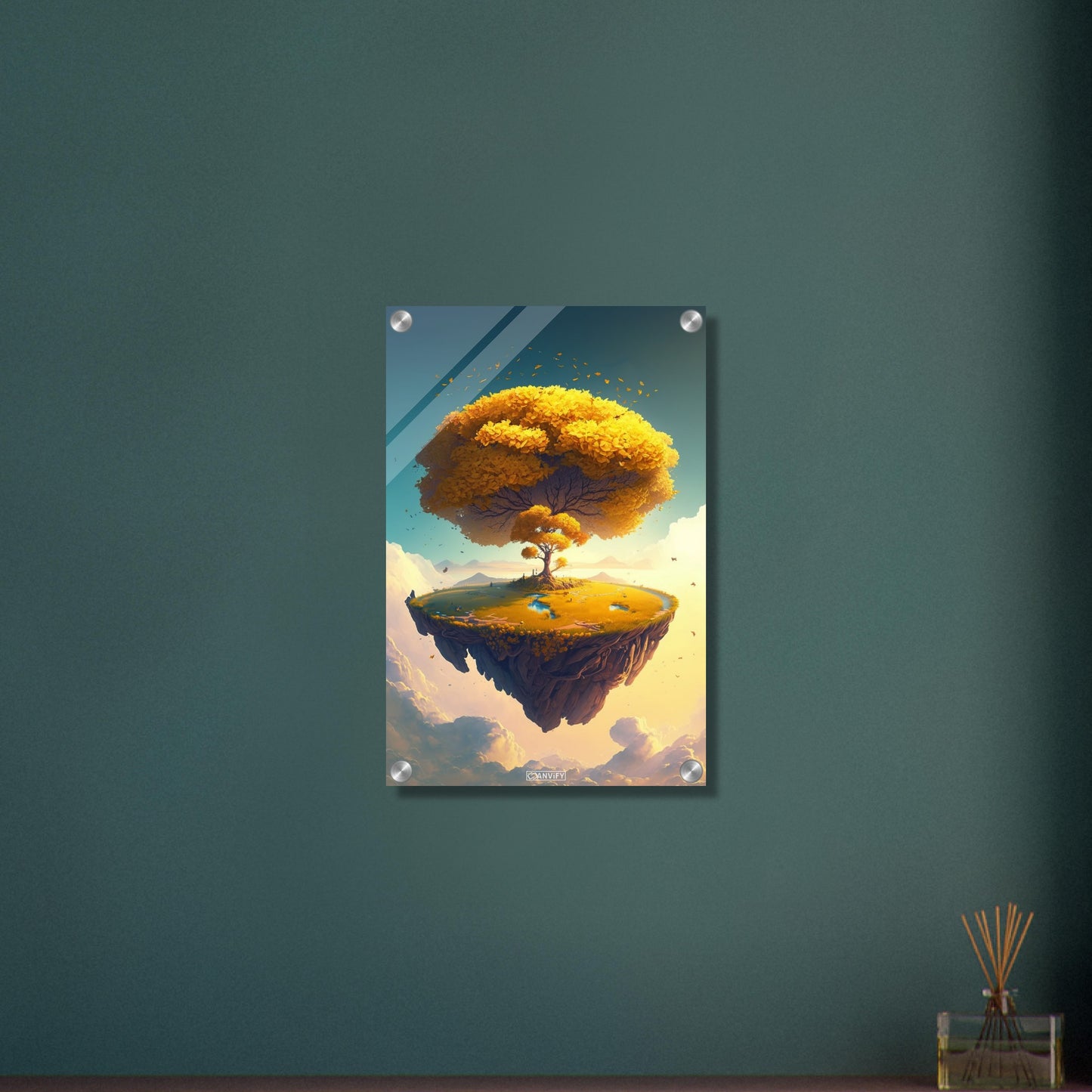 Schwebende Insel mit gelben Ginkgobaum auf einem Acrylbild