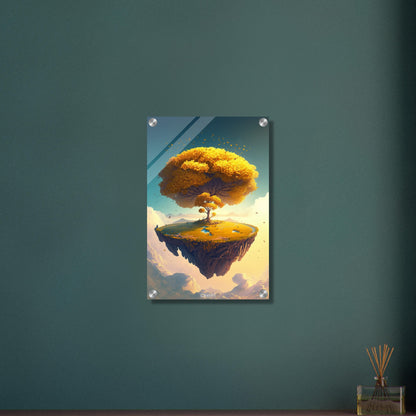 Schwebende Insel mit gelben Ginkgobaum auf einem Acrylbild