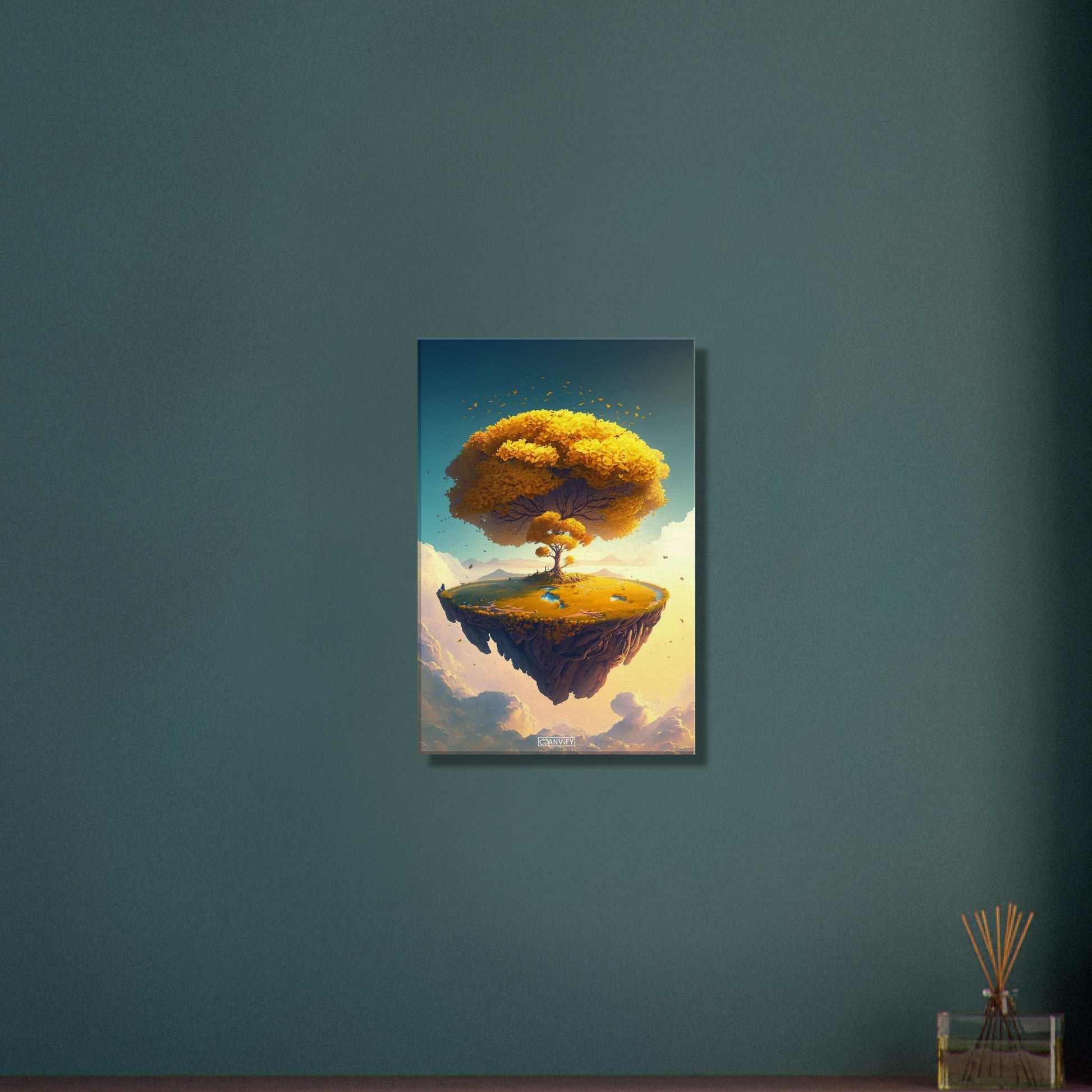 Schwebende Insel mit gelben Ginkgobaum auf einer Leinwand