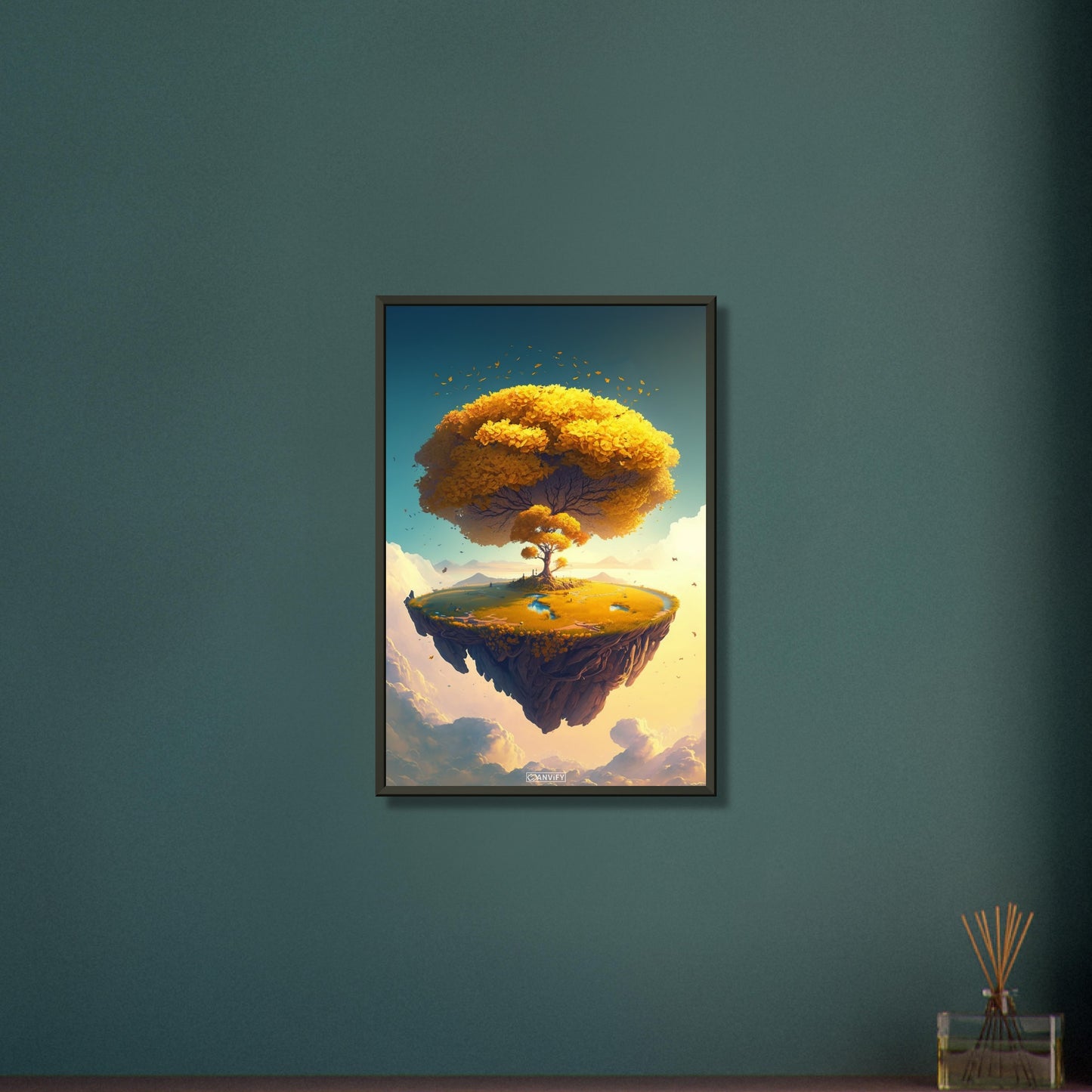 Schwebende Insel mit gelben Ginkgobaum auf einem Poster im Metallrahmen