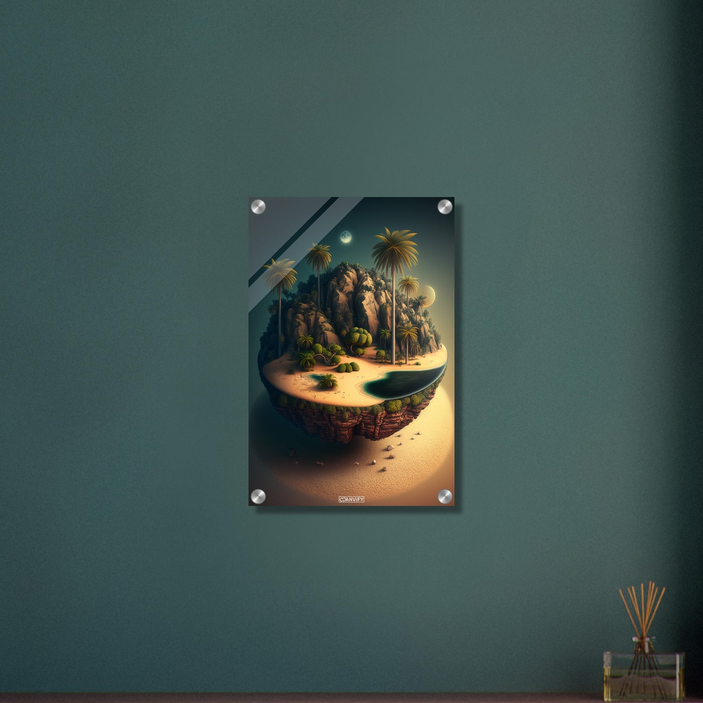Schwebende Insel mit einer Oase und einem Vollmond bei Nacht auf einem Acrylbild