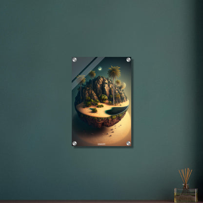 Schwebende Insel mit einer Oase und einem Vollmond bei Nacht auf einem Acrylbild