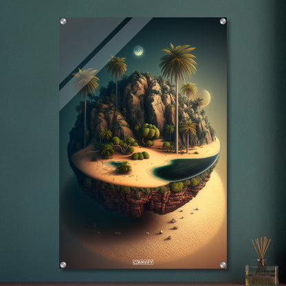 Schwebende Insel mit einer Oase und einem Vollmond bei Nacht auf einem Acrylbild