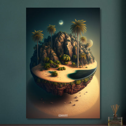 Schwebende Insel mit einer Oase und einem Vollmond bei Nacht auf Aluminium