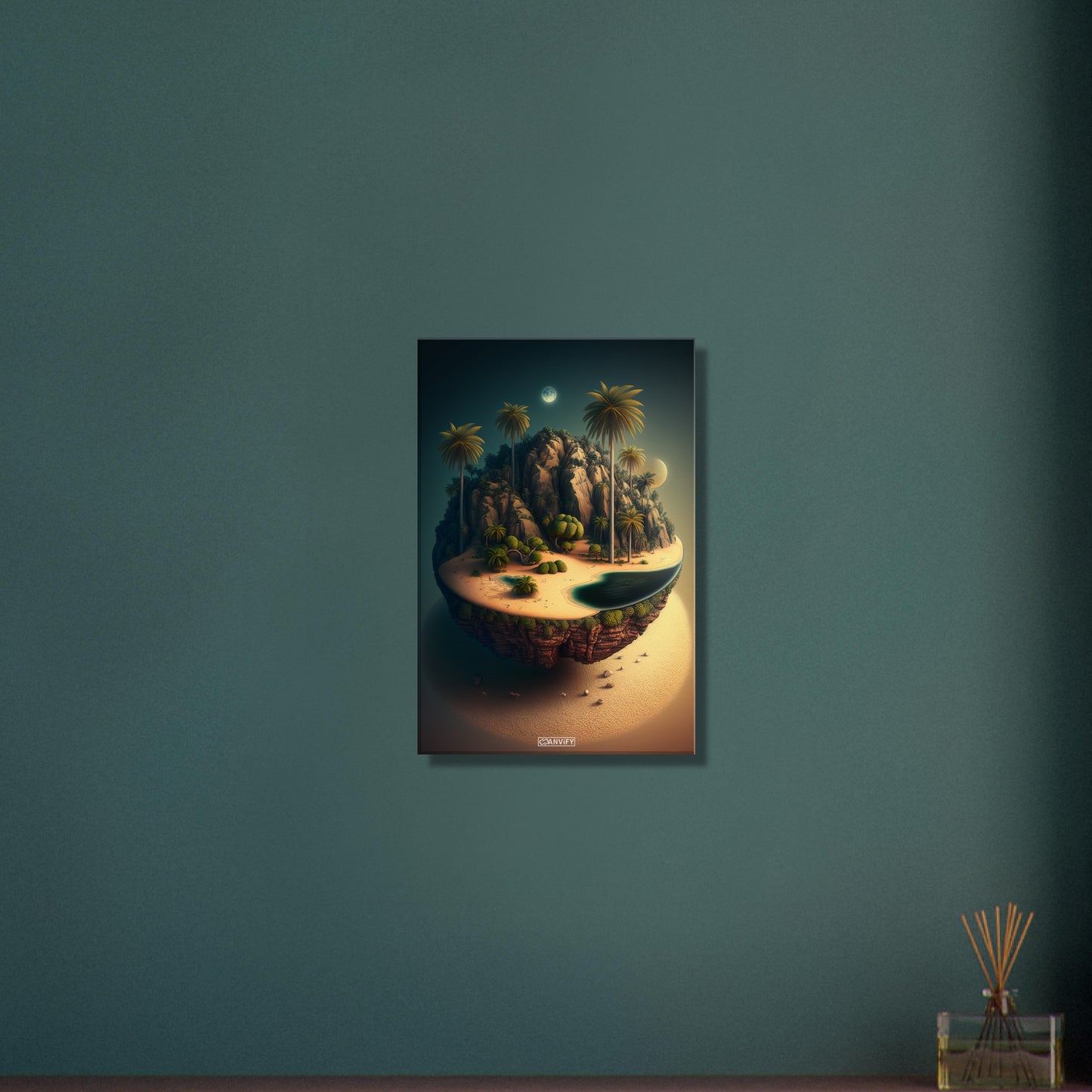 Schwebende Insel mit einer Oase und einem Vollmond bei Nacht auf einer Leinwand