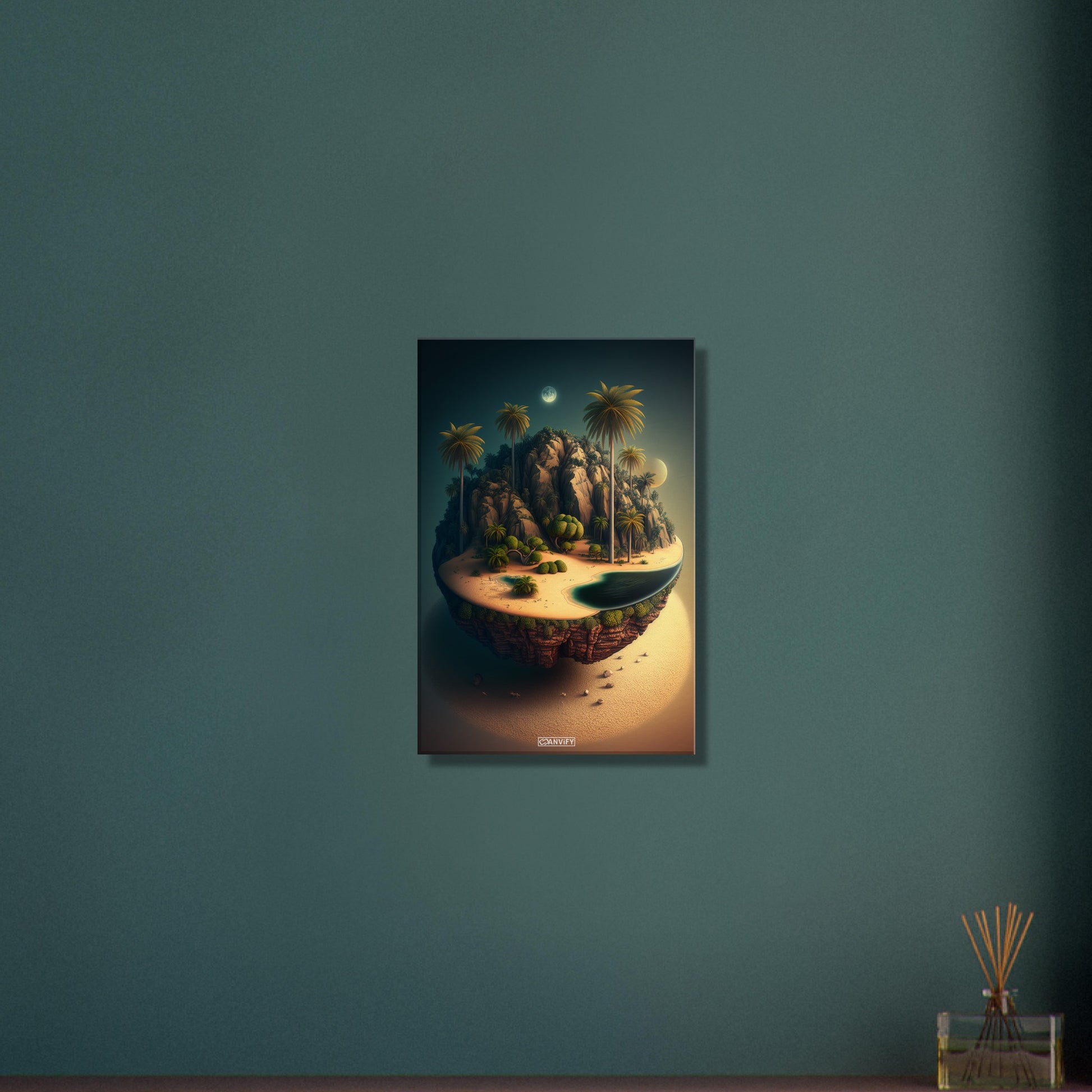 Schwebende Insel mit einer Oase und einem Vollmond bei Nacht auf einer Leinwand
