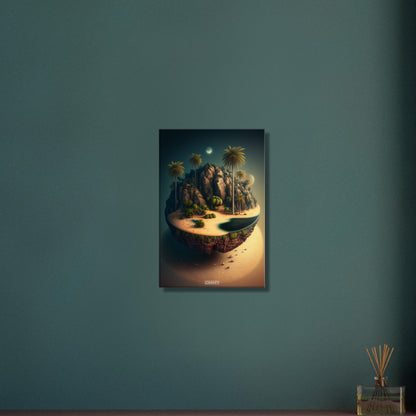 Schwebende Insel mit einer Oase und einem Vollmond bei Nacht auf einer Leinwand