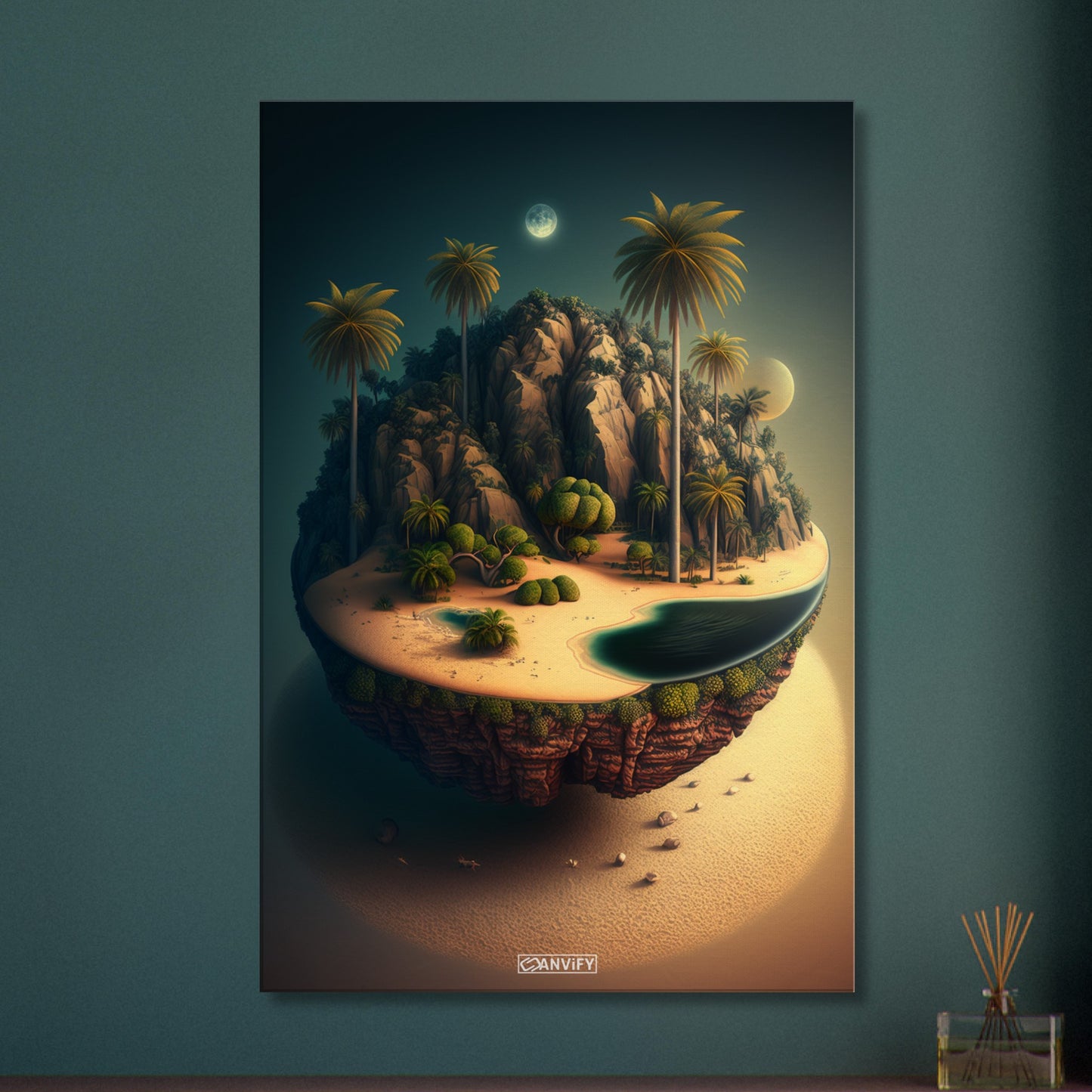 Schwebende Insel mit einer Oase und einem Vollmond bei Nacht auf einer Leinwand