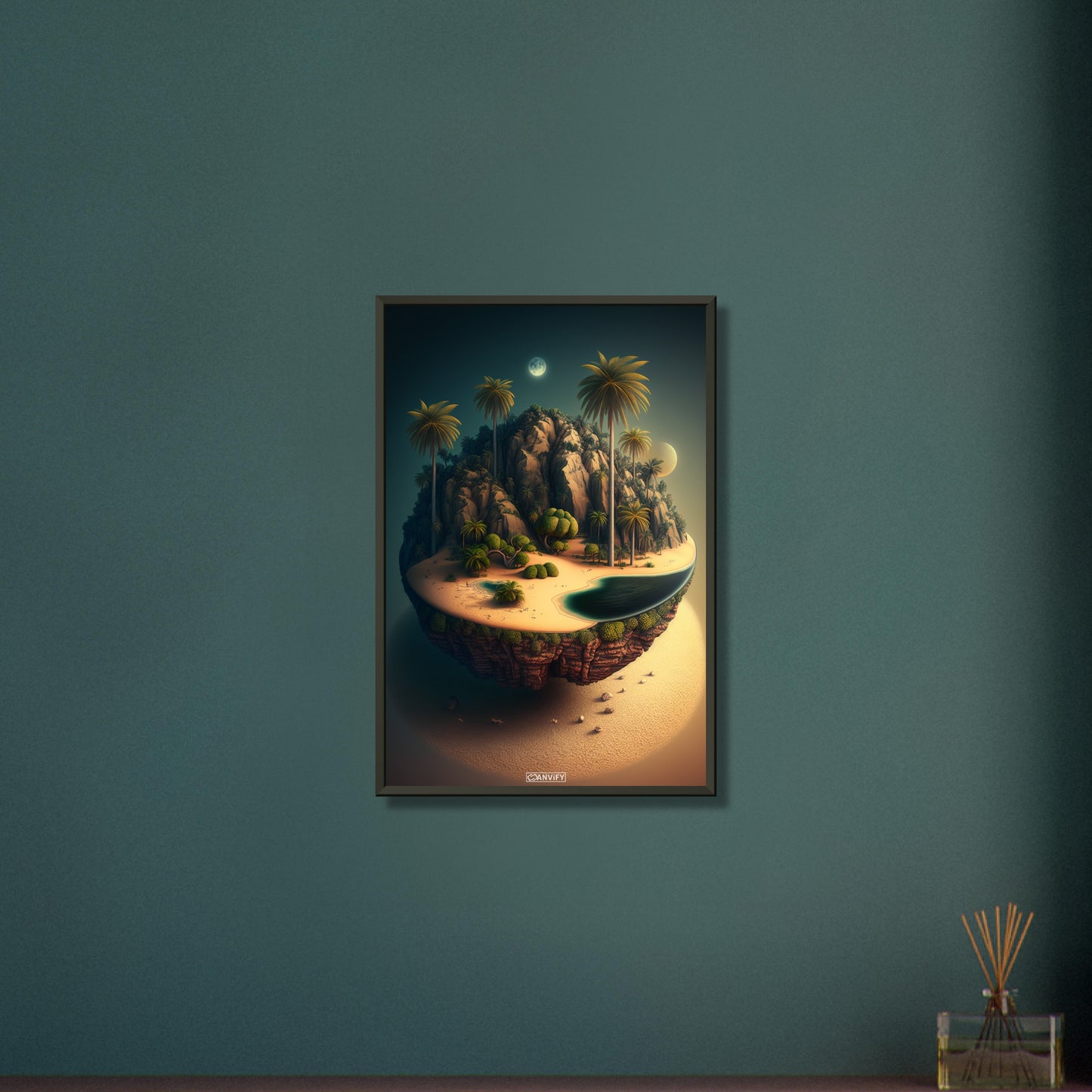 Schwebende Insel mit einer Oase und einem Vollmond bei Nacht auf einem Poster im Metallrahmen