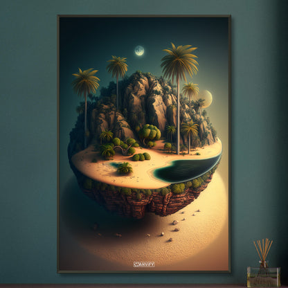 Schwebende Insel mit einer Oase und einem Vollmond bei Nacht auf einem Poster im Metallrahmen