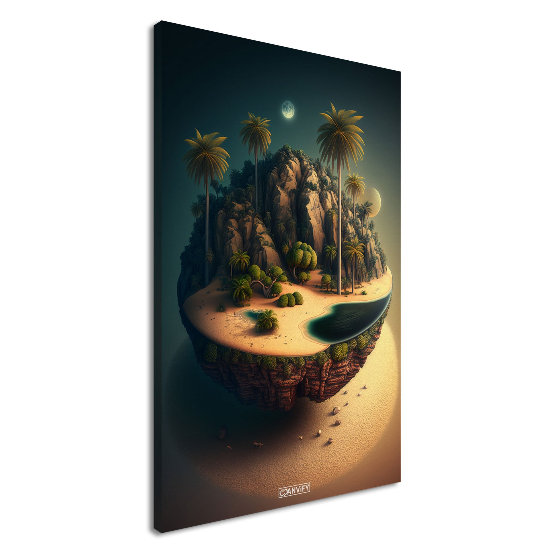 Schwebende Insel mit einer Oase und einem Vollmond bei Nacht auf einer Leinwand
