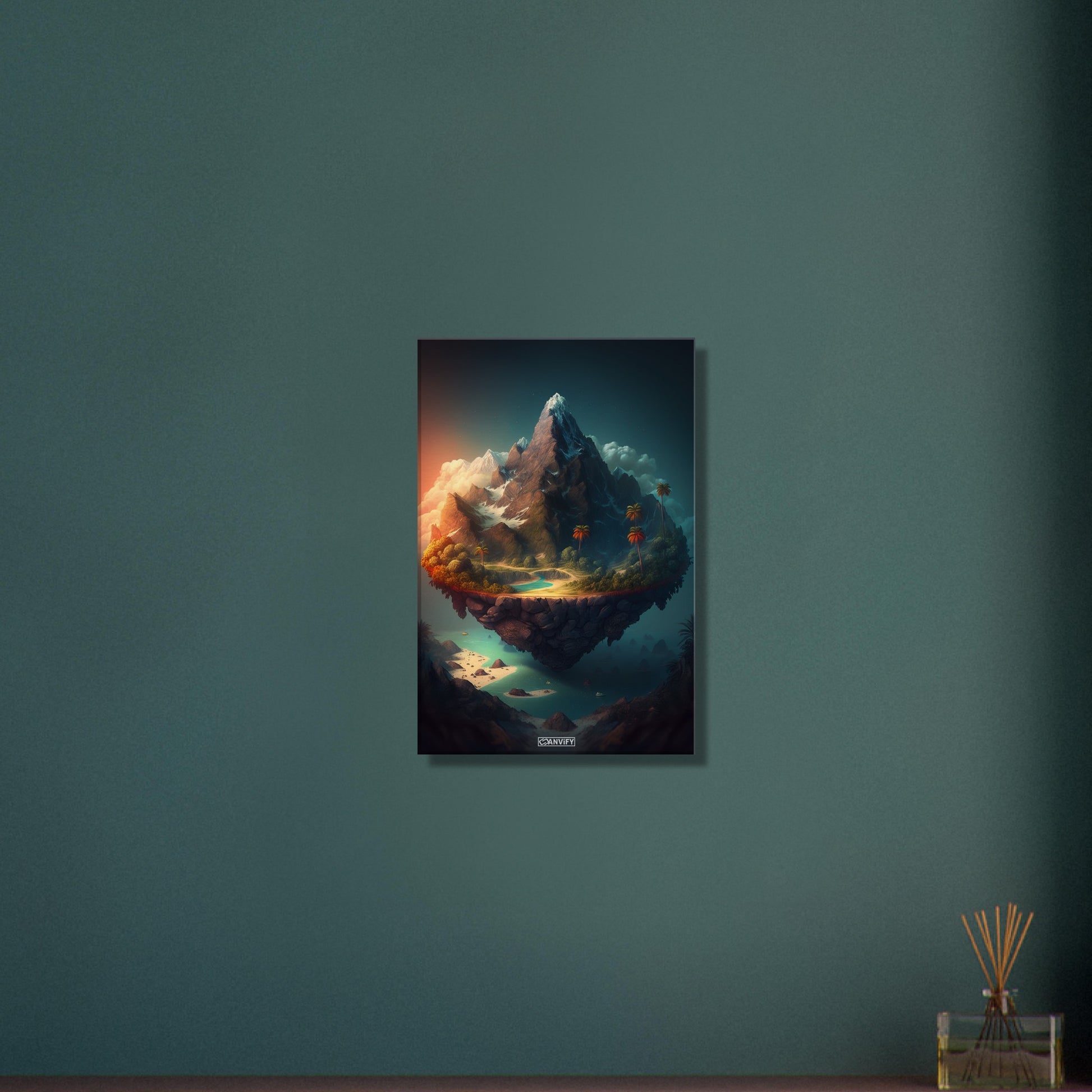 Schwebende Insel mit Bergsee und Palmen auf einer Leinwand