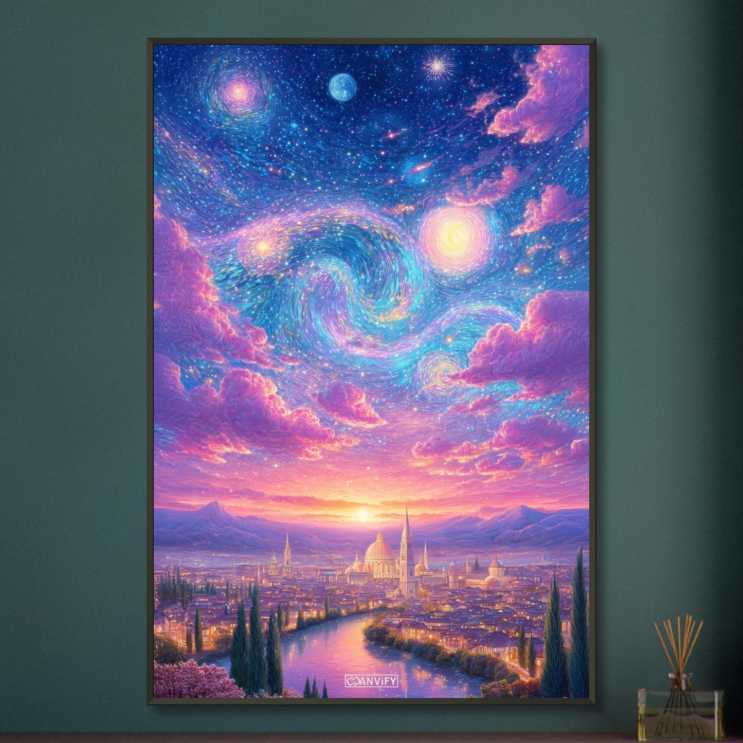 Starry Night Gemälde mit Sonnenuntergang im Stil von Vincent van Gogh auf einem Poster im Metallrahmen