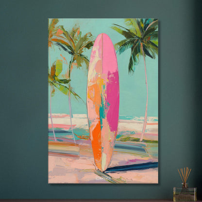 Surfbrett gemalt in abstrakten Acrylfarben auf einer Leinwand