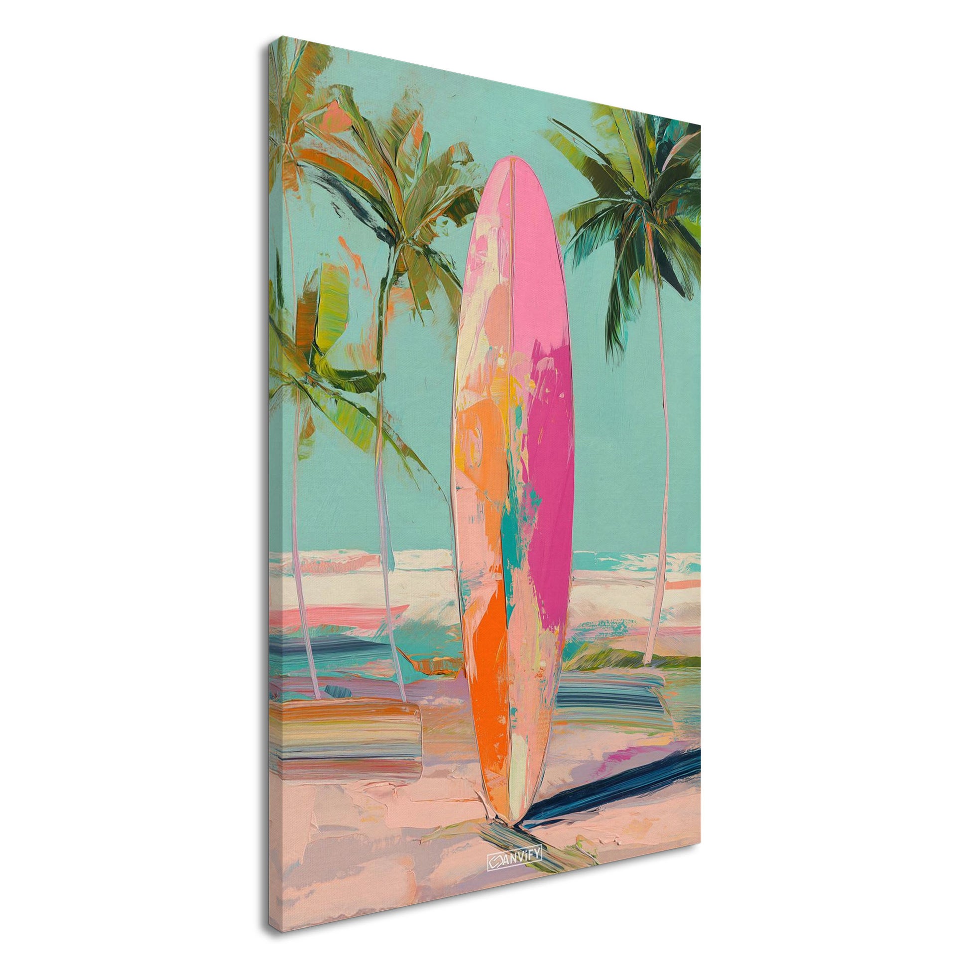 Surfbrett gemalt in abstrakten Acrylfarben auf einer Leinwand