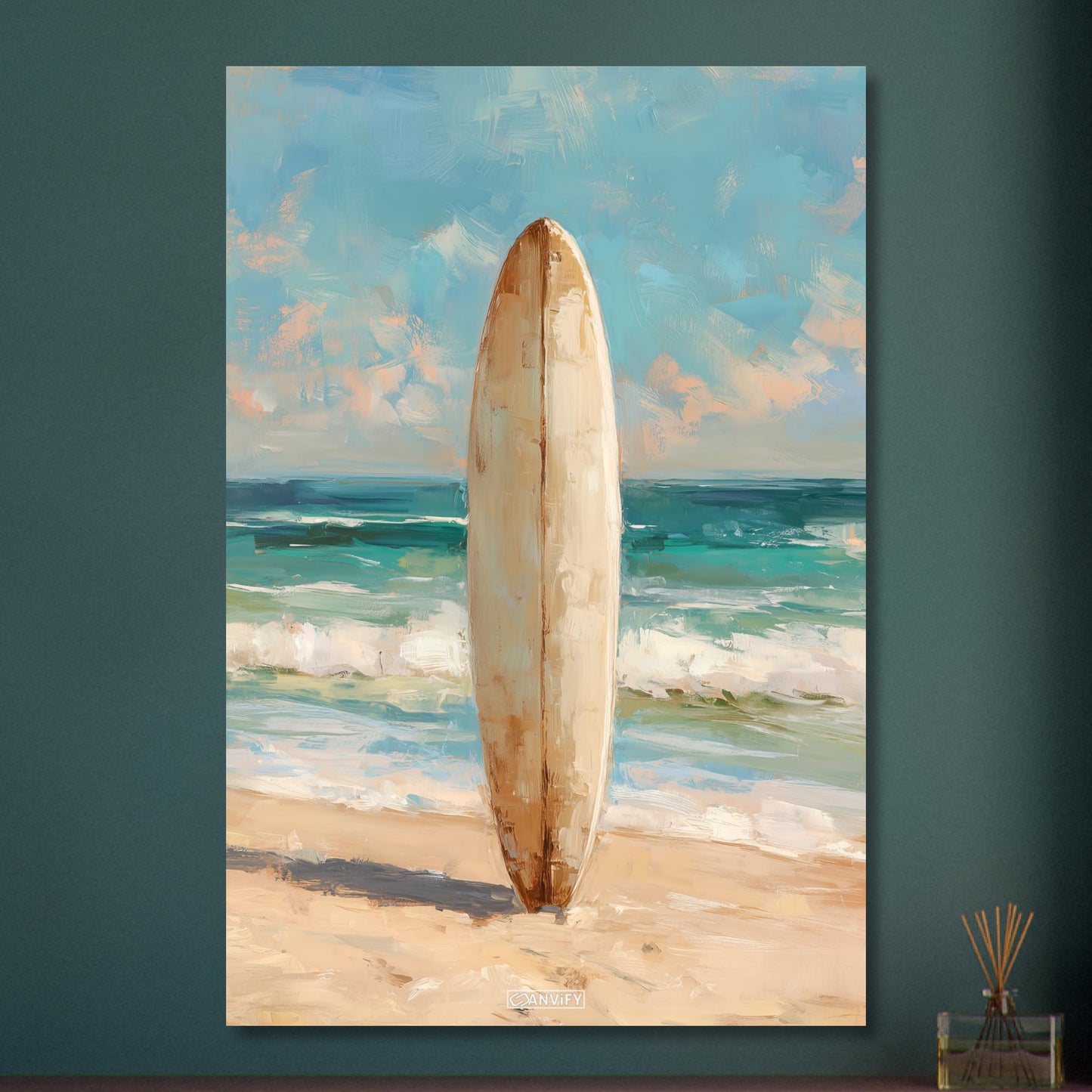 Surfbrett im Vintage Stil gemalt in Acrylfarben auf Aluminium