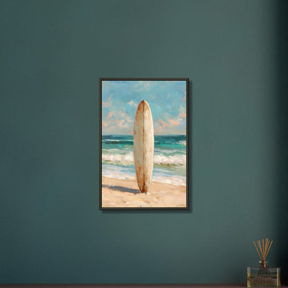 Surfbrett im Vintage Stil gemalt in Acrylfarben auf einem Poster im Metallrahmen