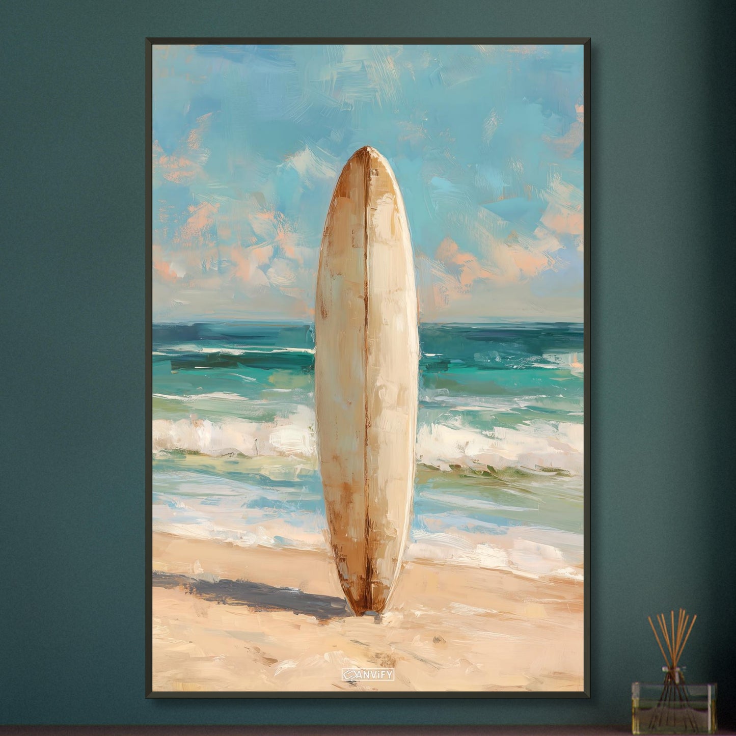 Surfbrett im Vintage Stil gemalt in Acrylfarben auf einem Poster im Metallrahmen