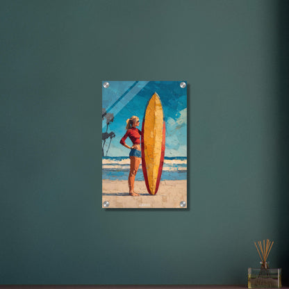 Surfermädchen mit rotem Top und blauer Hotpants und mit einem Surfbrett am Strand auf einem Acrylbild