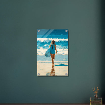 Surfermädchen mit blauem Neopren-Top und einem Surfbrett in der Hand auf einem Acrylbild