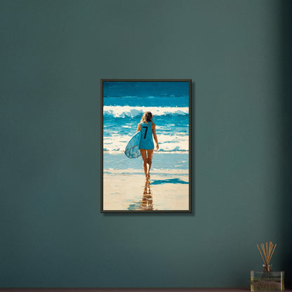 Surfermädchen mit blauem Neopren-Top und einem Surfbrett in der Hand auf einem Poster im Metallrahmen