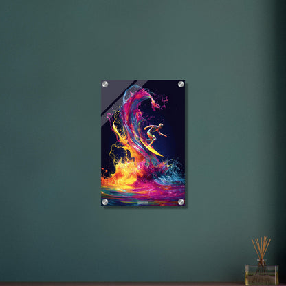 Bunter Surfer am Surfbrett im bunten Wasser auf einem Acrylbild
