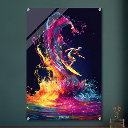 Bunter Surfer am Surfbrett im bunten Wasser auf einem Acrylbild