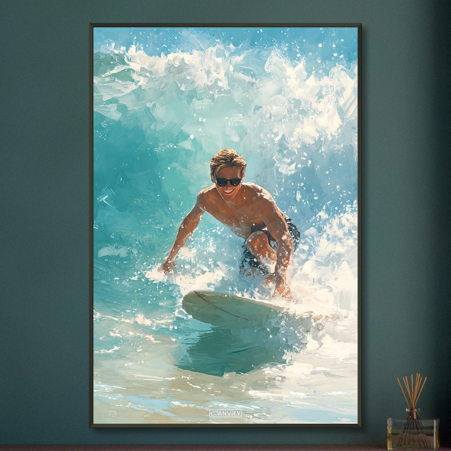 Wellenreiter auf einer Welle auf einem Poster im Metallrahmen