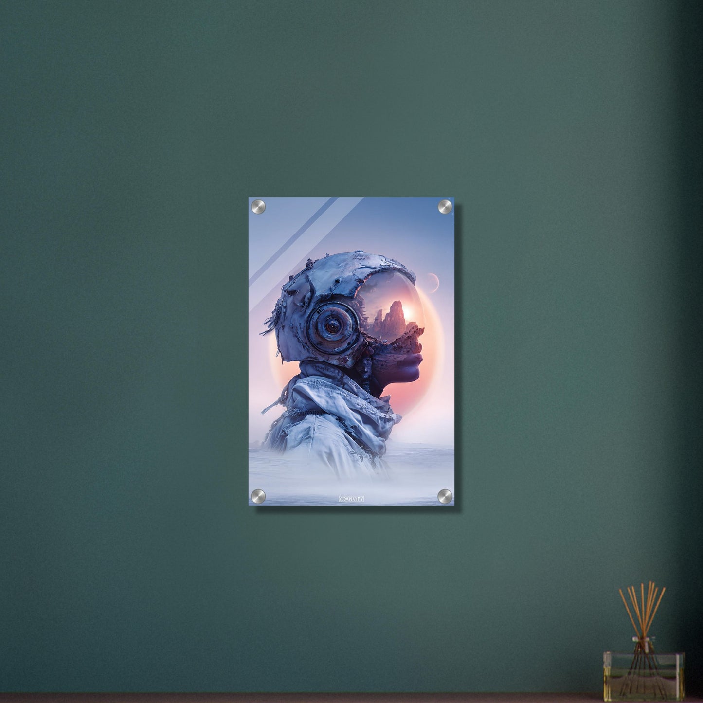 Surreale Astronautin fantasievoll dargestellt im Steampunk-Stil auf einem Acrylbild
