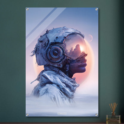 Surreale Astronautin fantasievoll dargestellt im Steampunk-Stil auf einem Acrylbild