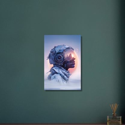 Surreale Astronautin fantasievoll dargestellt im Steampunk-Stil auf Aluminium