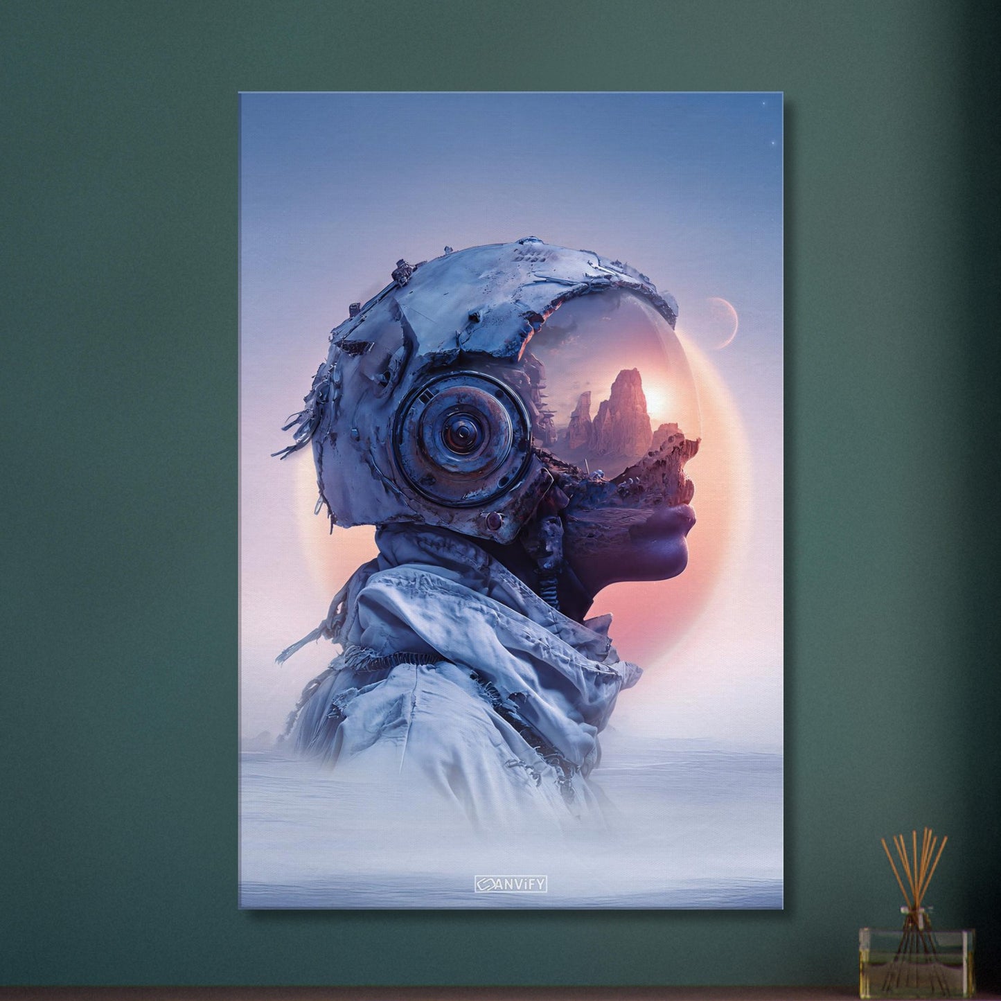 Surreale Astronautin fantasievoll dargestellt im Steampunk-Stil auf einer Leinwand