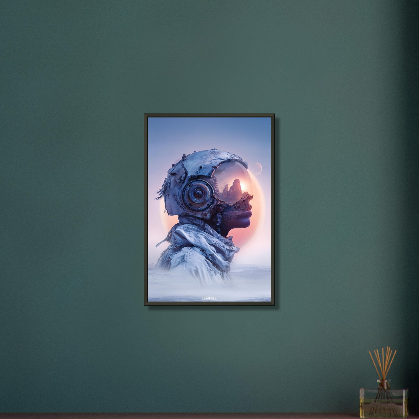 Surreale Astronautin fantasievoll dargestellt im Steampunk-Stil auf einem Poster im Metallrahmen