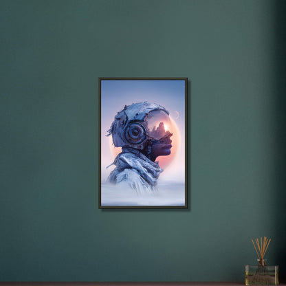 Surreale Astronautin fantasievoll dargestellt im Steampunk-Stil auf einem Poster im Metallrahmen