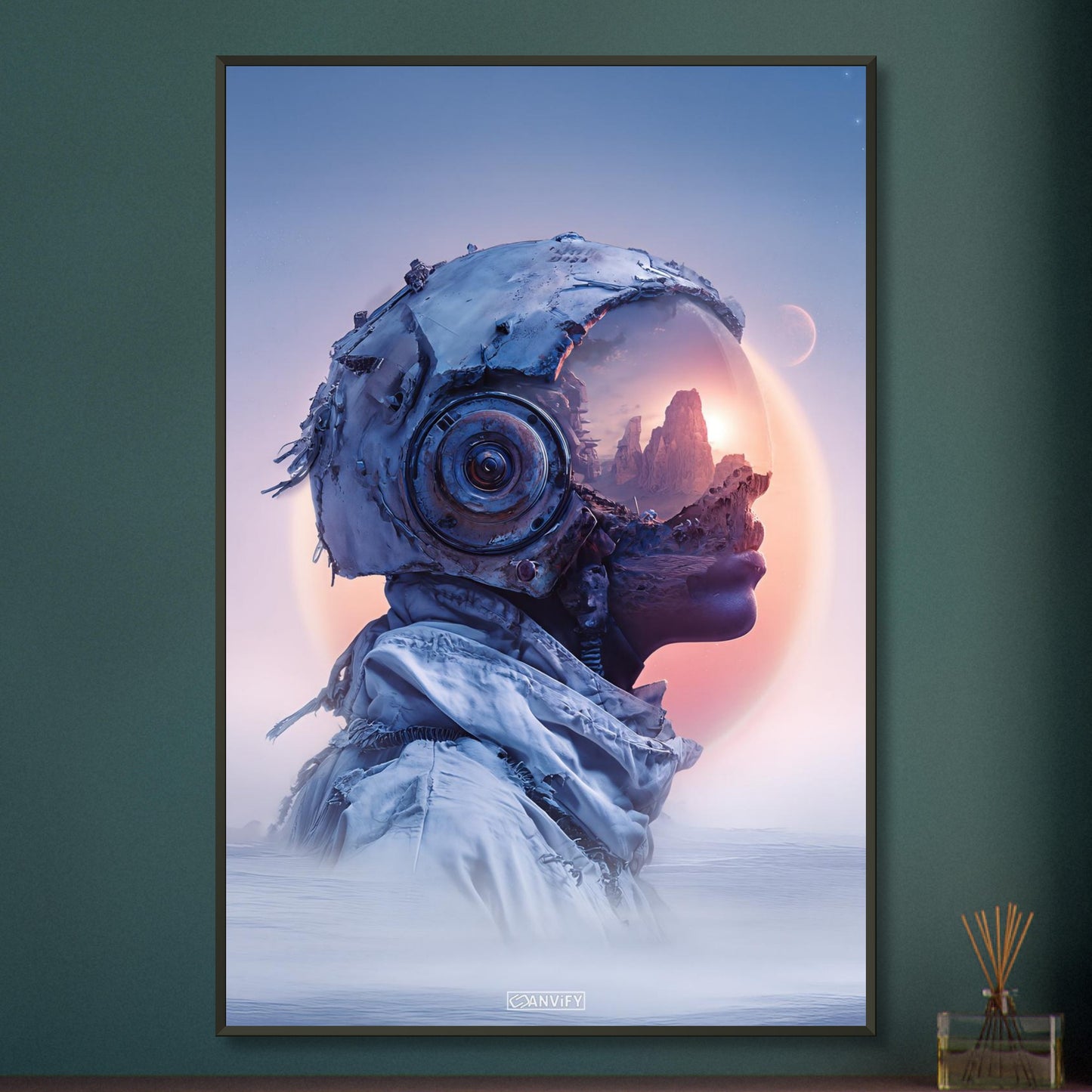Surreale Astronautin fantasievoll dargestellt im Steampunk-Stil auf einem Poster im Metallrahmen
