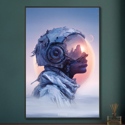 Surreale Astronautin fantasievoll dargestellt im Steampunk-Stil auf einem Poster im Metallrahmen