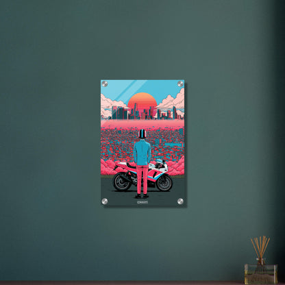 Biker in Los Angeles im Retro-Synthwave-Stil auf einem Acrylbild
