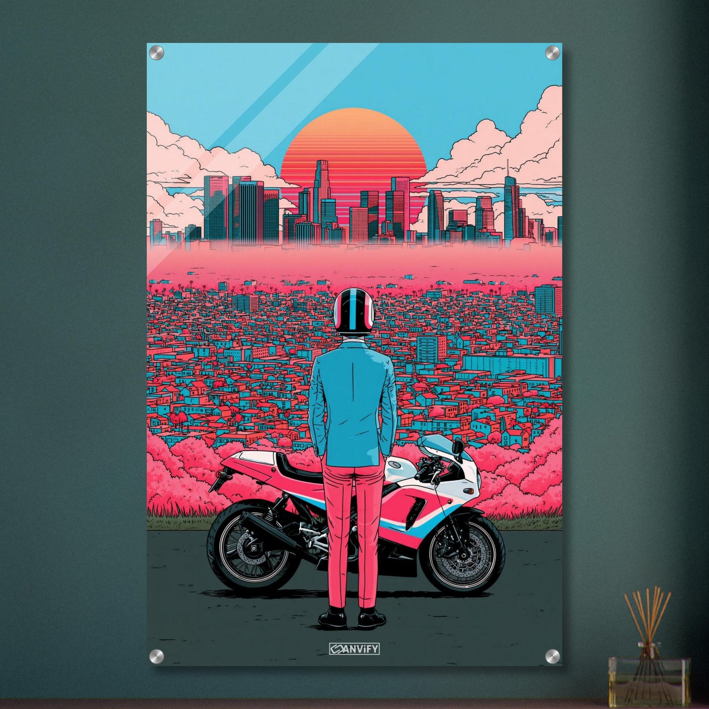 Biker in Los Angeles im Retro-Synthwave-Stil auf einem Acrylbild