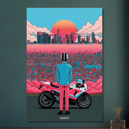 Biker in Los Angeles im Retro-Synthwave-Stil auf Aluminium