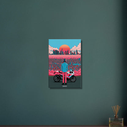 Biker in Los Angeles im Retro-Synthwave-Stil auf einer Leinwand
