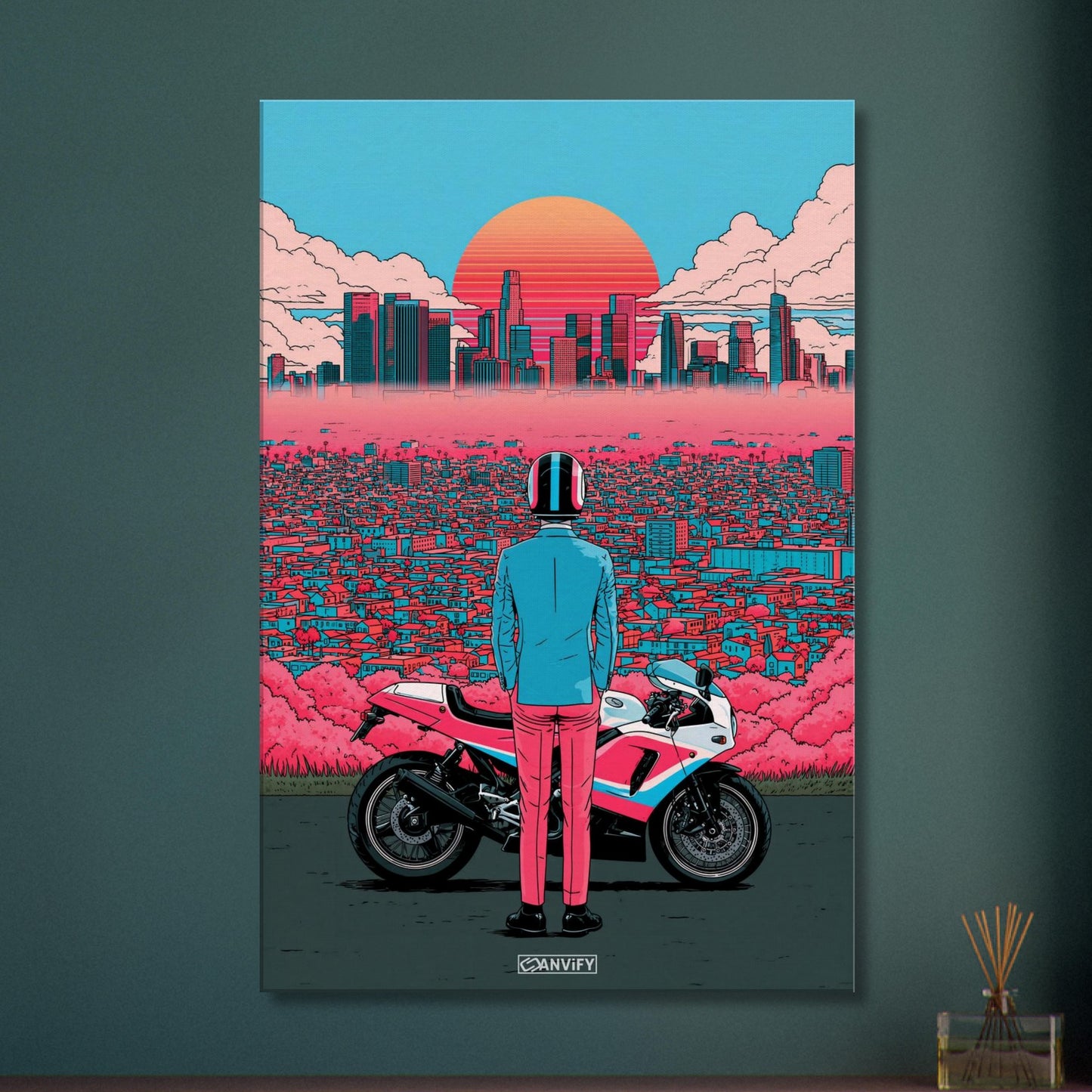 Biker in Los Angeles im Retro-Synthwave-Stil auf einer Leinwand