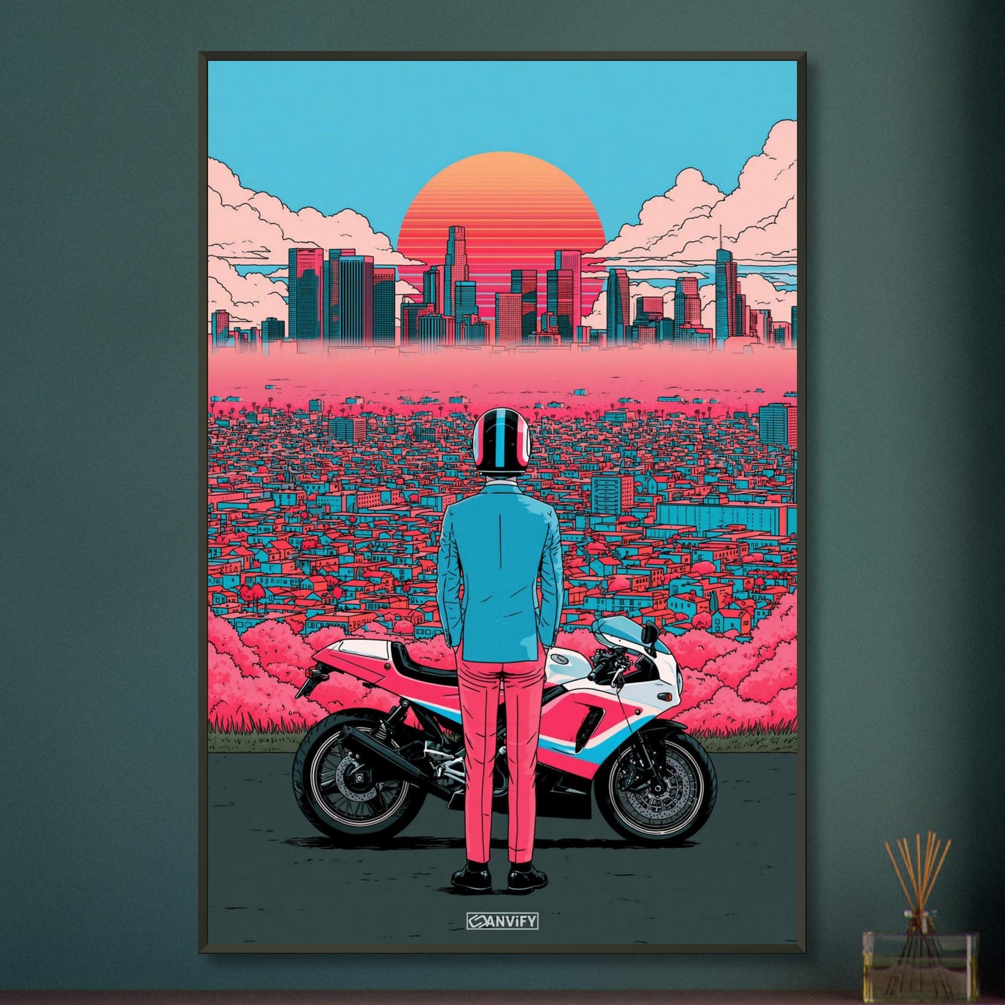 Biker in Los Angeles im Retro-Synthwave-Stil auf einem Poster im Metallrahmen