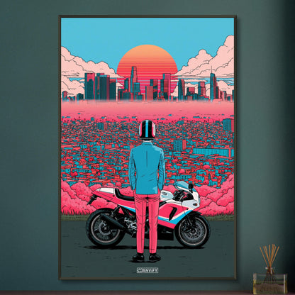 Biker in Los Angeles im Retro-Synthwave-Stil auf einem Poster im Metallrahmen