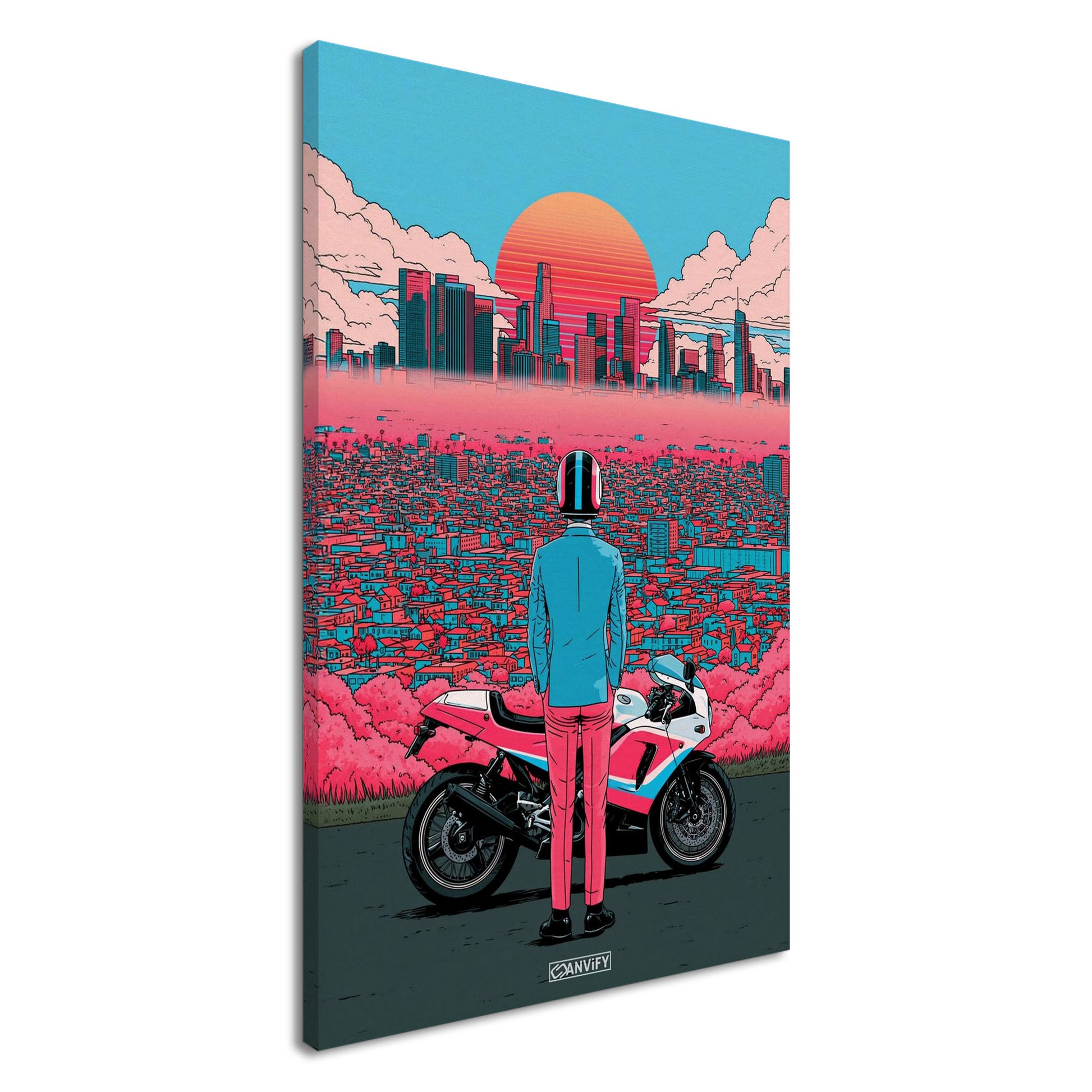 Biker in Los Angeles im Retro-Synthwave-Stil auf einer Leinwand