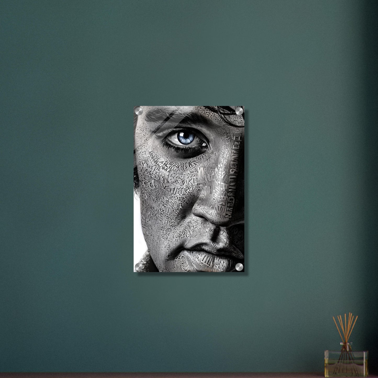 Elvis Aaron Presley, King of Rock ’n’ Roll oder auch einfach The King im Kalligram Stil auf einem Acrylbild