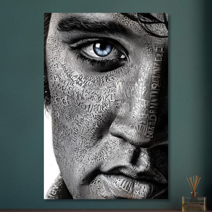 Elvis Aaron Presley, King of Rock ’n’ Roll oder auch einfach The King im Kalligram Stil auf Aluminium