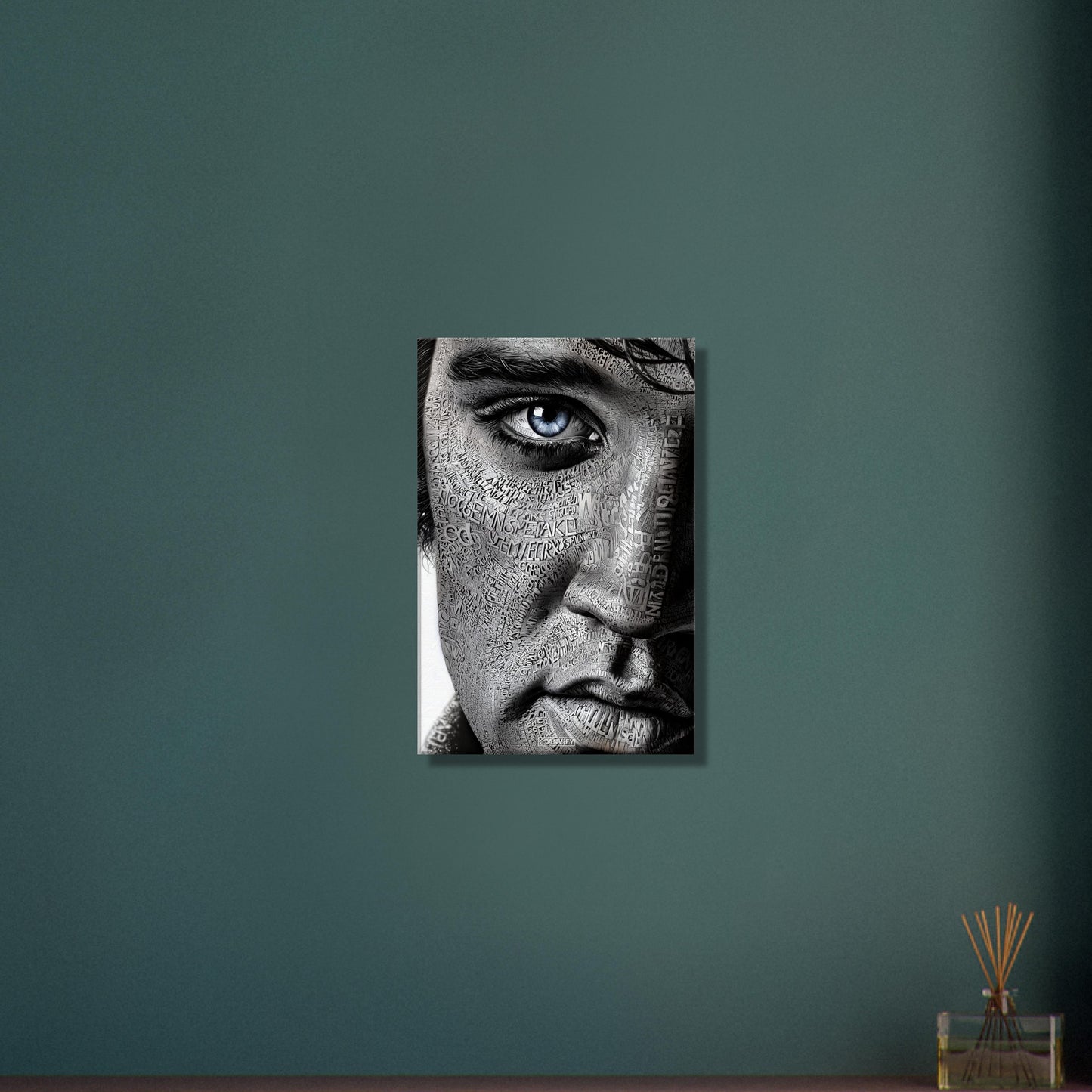 Elvis Aaron Presley, King of Rock ’n’ Roll oder auch einfach The King im Kalligram Stil auf einer Leinwand