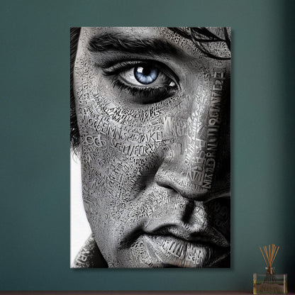 Elvis Aaron Presley, King of Rock ’n’ Roll oder auch einfach The King im Kalligram Stil auf einer Leinwand
