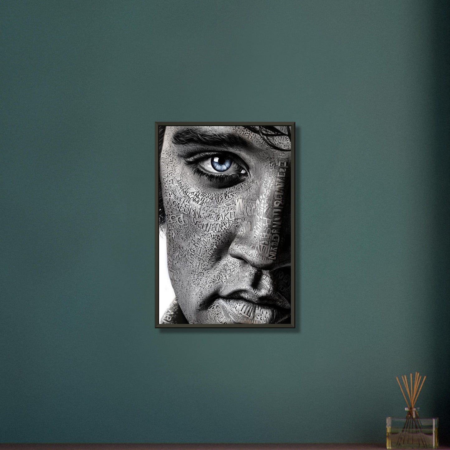 Elvis Aaron Presley, King of Rock ’n’ Roll oder auch einfach The King im Kalligram Stil auf einem Poster im Metallrahmen
