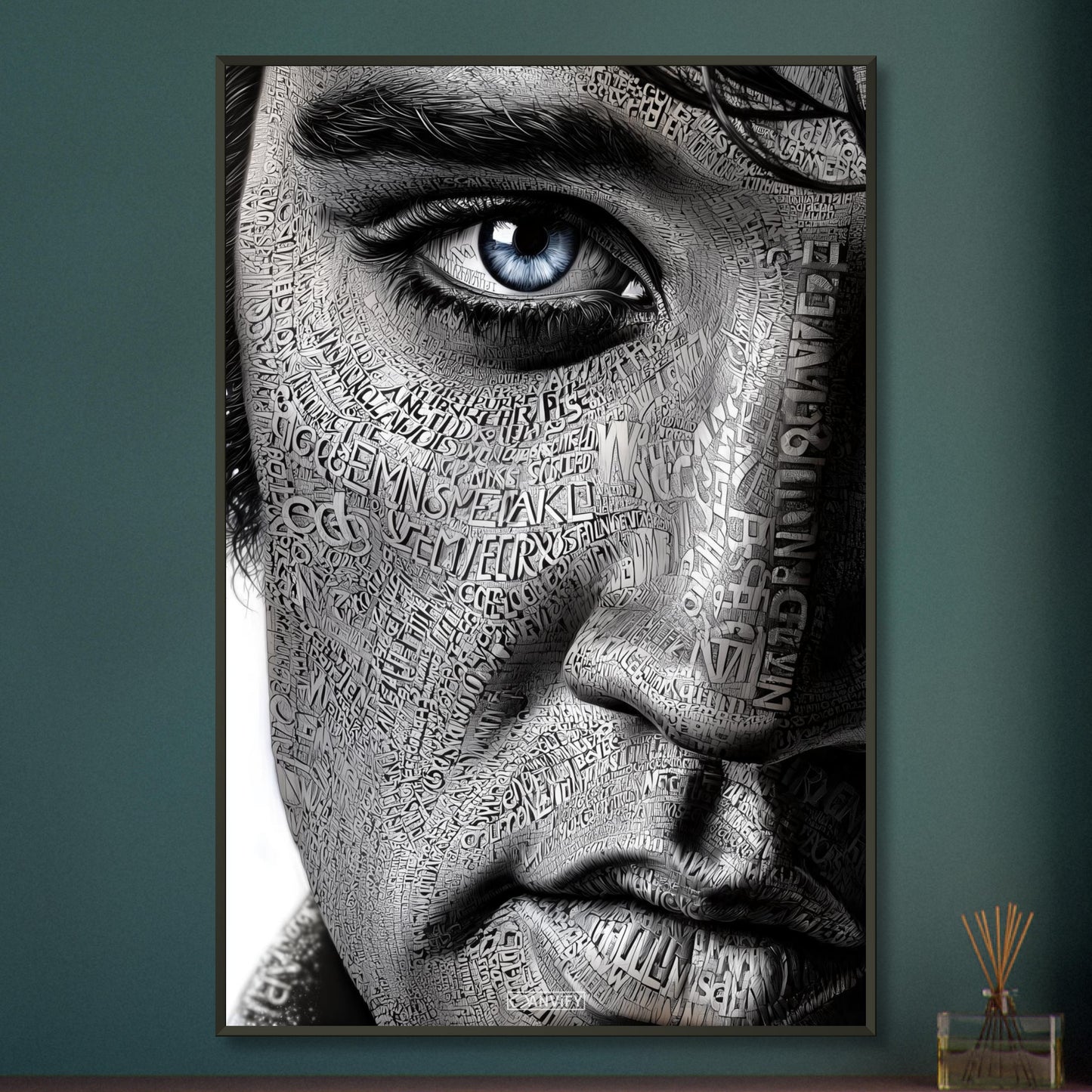 Elvis Aaron Presley, King of Rock ’n’ Roll oder auch einfach The King im Kalligram Stil auf einem Poster im Metallrahmen
